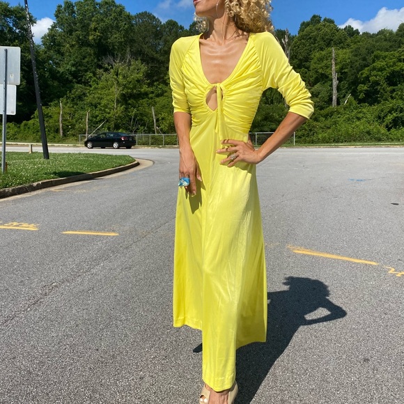 Vintage yellow keyhole jersey maxi disco dress S/M - Picture 4 of 12